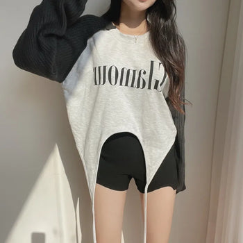 Color-block Raglan Knit Tie Cropped Loose Sweatshirt