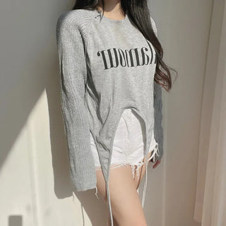 Color-block Raglan Knit Tie Cropped Loose Sweatshirt