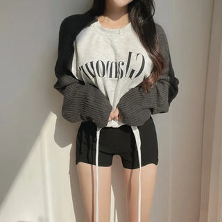Color-block Raglan Knit Tie Cropped Loose Sweatshirt