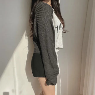 Color-block Raglan Knit Tie Cropped Loose Sweatshirt