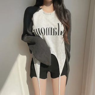 Color-block Raglan Knit Tie Cropped Loose Sweatshirt