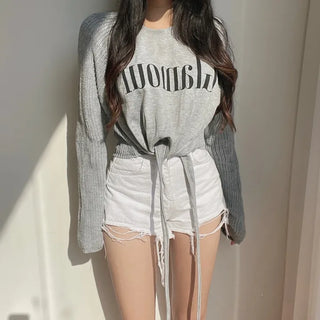 Color-block Raglan Knit Tie Cropped Loose Sweatshirt