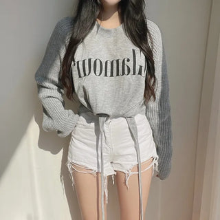 Color-block Raglan Knit Tie Cropped Loose Sweatshirt
