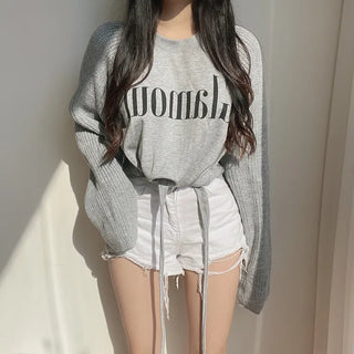 Color-block Raglan Knit Tie Cropped Loose Sweatshirt