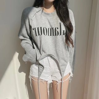 Color-block Raglan Knit Tie Cropped Loose Sweatshirt