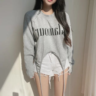 Color-block Raglan Knit Tie Cropped Loose Sweatshirt