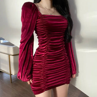 Velvet Puff Shirred Party Mini Dress