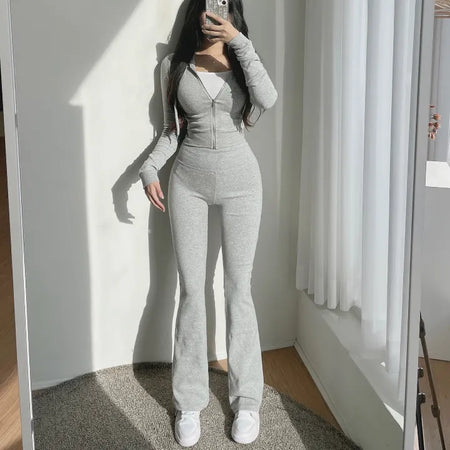 Mochi Stretchy Crop Zip-Up Hoodie + High-Waisted Bootcut