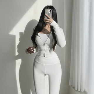 Mochi Stretchy Crop Zip-Up Hoodie + High-Waisted Bootcut
