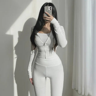 Mochi Stretchy Crop Zip-Up Hoodie + High-Waisted Bootcut