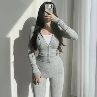 Mochi Stretchy Crop Zip-Up Hoodie + High-Waisted Bootcut