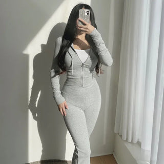 Mochi Stretchy Crop Zip-Up Hoodie + High-Waisted Bootcut