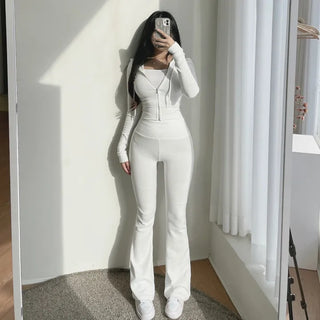 Mochi Stretchy Crop Zip-Up Hoodie + High-Waisted Bootcut