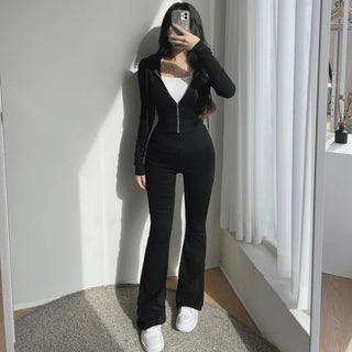 Mochi Stretchy Crop Zip-Up Hoodie + High-Waisted Bootcut