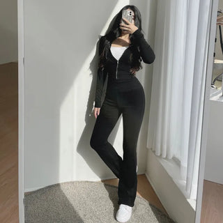 Mochi Stretchy Crop Zip-Up Hoodie + High-Waisted Bootcut
