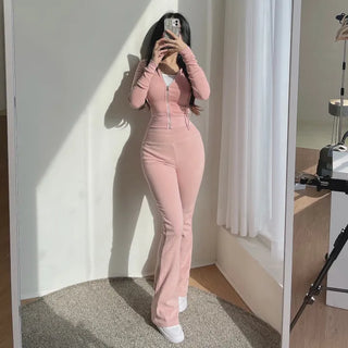 Mochi Stretchy Crop Zip-Up Hoodie + High-Waisted Bootcut