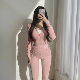 Mochi Stretchy Crop Zip-Up Hoodie + High-Waisted Bootcut
