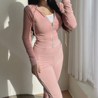 Mochi Stretchy Crop Zip-Up Hoodie + High-Waisted Bootcut