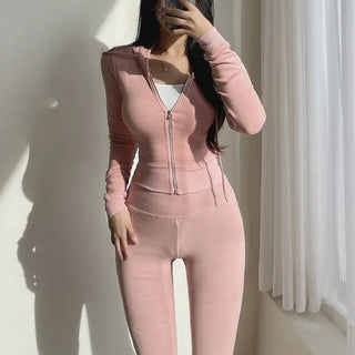 Mochi Stretchy Crop Zip-Up Hoodie + High-Waisted Bootcut