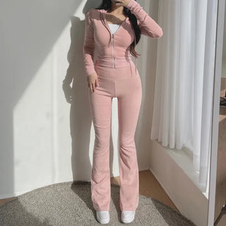 Mochi Stretchy Crop Zip-Up Hoodie + High-Waisted Bootcut
