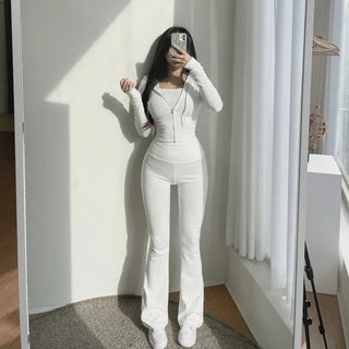 Mochi Stretchy Crop Zip-Up Hoodie + High-Waisted Bootcut