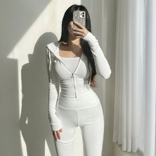 Mochi Stretchy Crop Zip-Up Hoodie + High-Waisted Bootcut
