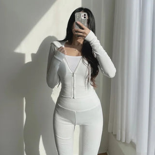Mochi Stretchy Crop Zip-Up Hoodie + High-Waisted Bootcut