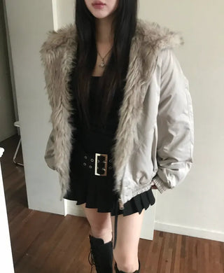 Stitch Fur Oversized Padded Hoodie Jacket Outerwear Year-end
