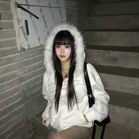 Two-Tone Lettering Embroidered Fur Zip-Up Hoodie Trimming Year-End