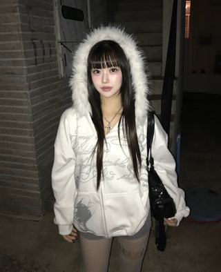 Two-Tone Lettering Embroidered Fur Zip-Up Hoodie Trimming Year-End