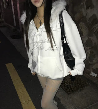 Two-Tone Lettering Embroidered Fur Zip-Up Hoodie Trimming Year-End
