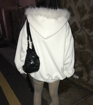 Two-Tone Lettering Embroidered Fur Zip-Up Hoodie Trimming Year-End