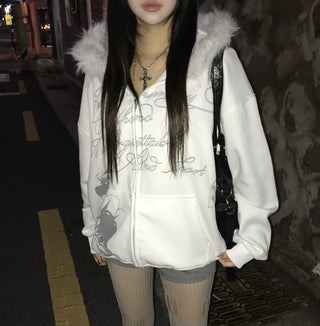 Two-Tone Lettering Embroidered Fur Zip-Up Hoodie Trimming Year-End