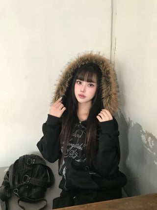 Two-Tone Lettering Embroidered Fur Zip-Up Hoodie Trimming Year-End