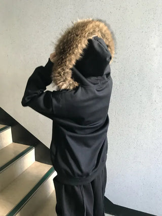 Two-Tone Lettering Embroidered Fur Zip-Up Hoodie Trimming Year-End
