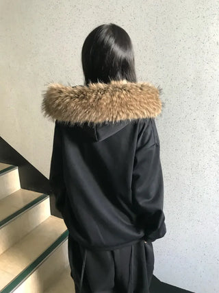 Two-Tone Lettering Embroidered Fur Zip-Up Hoodie Trimming Year-End
