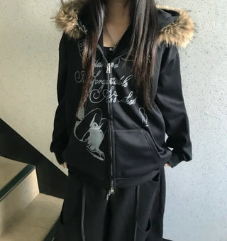 Two-Tone Lettering Embroidered Fur Zip-Up Hoodie Trimming Year-End