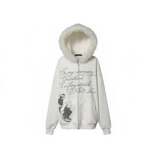 Two-Tone Lettering Embroidered Fur Zip-Up Hoodie Trimming Year-End