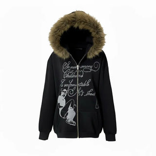Two-Tone Lettering Embroidered Fur Zip-Up Hoodie Trimming Year-End