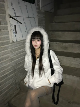 Two-Tone Lettering Embroidered Fur Zip-Up Hoodie Trimming Year-End