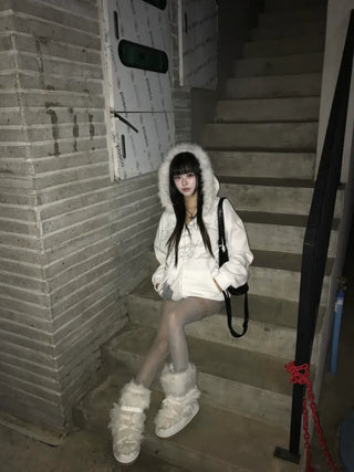 Two-Tone Lettering Embroidered Fur Zip-Up Hoodie Trimming Year-End