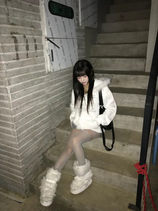 Two-Tone Lettering Embroidered Fur Zip-Up Hoodie Trimming Year-End