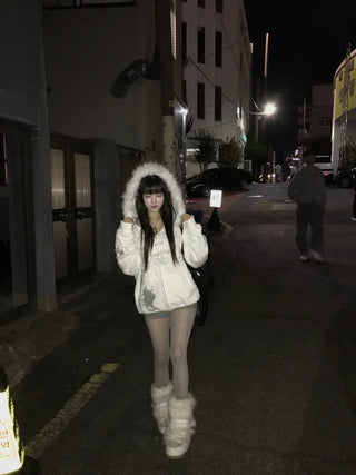 Two-Tone Lettering Embroidered Fur Zip-Up Hoodie Trimming Year-End