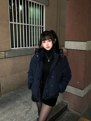 Memory White Fur Hooded Zip-Up Outerwear Winter Year-End