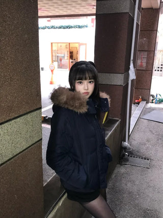 Memory White Fur Hooded Zip-Up Outerwear Winter Year-End
