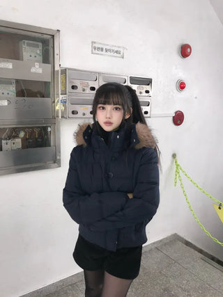 Memory White Fur Hooded Zip-Up Outerwear Winter Year-End