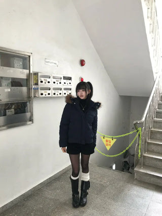 Memory White Fur Hooded Zip-Up Outerwear Winter Year-End