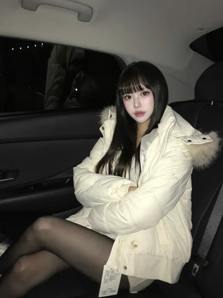 Memory White Fur Hooded Zip-Up Outerwear Winter Year-End