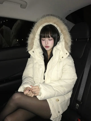 Memory White Fur Hooded Zip-Up Outerwear Winter Year-End