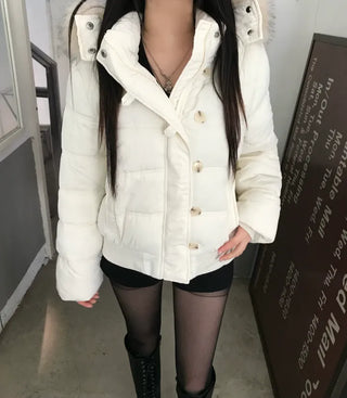 Memory White Fur Hooded Zip-Up Outerwear Winter Year-End